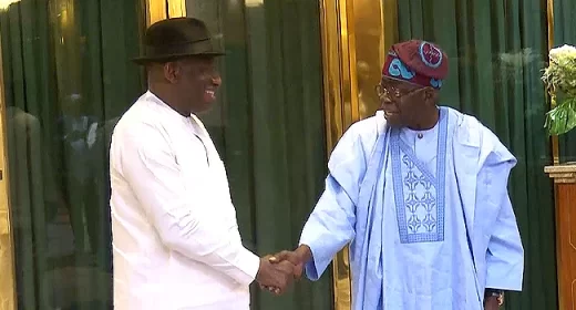 Jonathan Meets With Tinubu At Presidential Villa